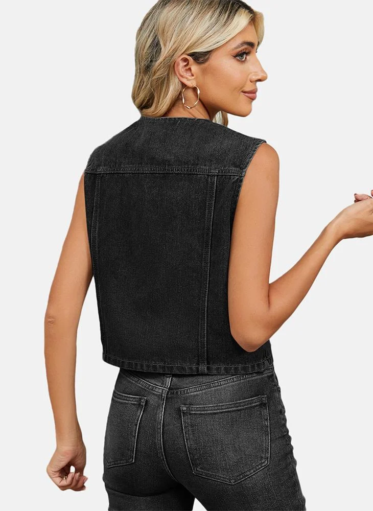 يونيكي Grey Plain Regular Fit Sleeveless Denim Jacket