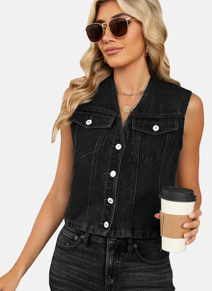 يونيكي Grey Plain Regular Fit Sleeveless Denim Jacket
