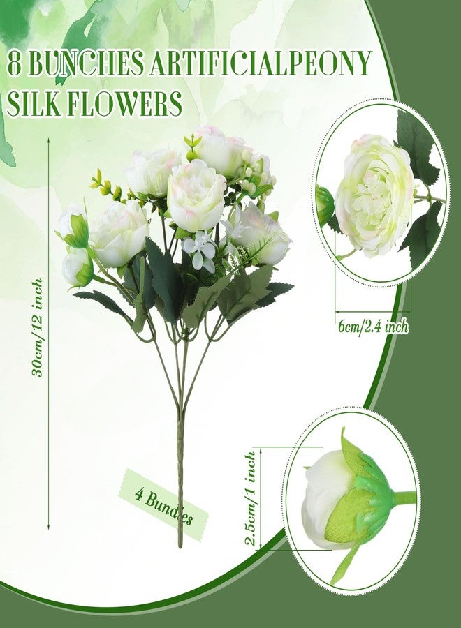 Geosar 8 Bundles Artificial Peonies Flowers Fake Silk Peony Bouquet Faux Peonies Flowers Bulk for Decoration Vase Floral Arrangements Wedding Party Table (White,Green) - Image 2