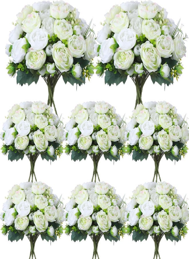 Geosar 8 Bundles Artificial Peonies Flowers Fake Silk Peony Bouquet Faux Peonies Flowers Bulk for Decoration Vase Floral Arrangements Wedding Party Table (White,Green) - Image 1