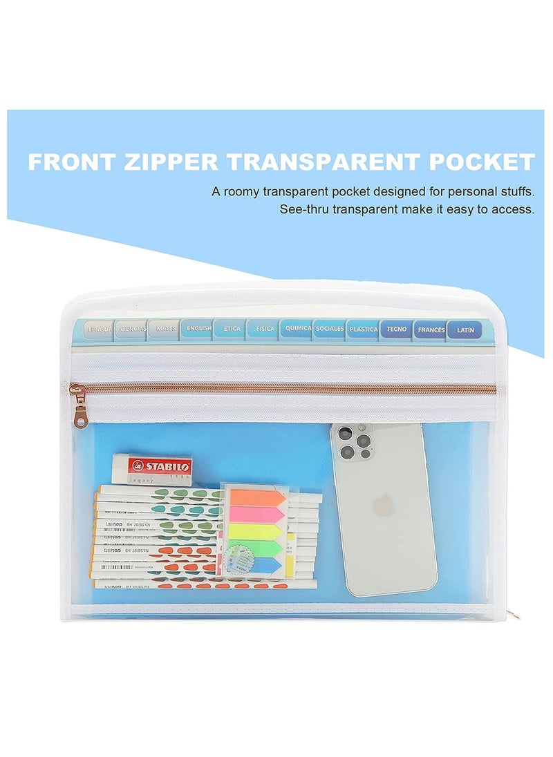 Y&D - Expanding File Folder with 13 Pocket, Zipper Closure Accordion Document Organizer ,Letter A4 Paper (Blue) - Image 1