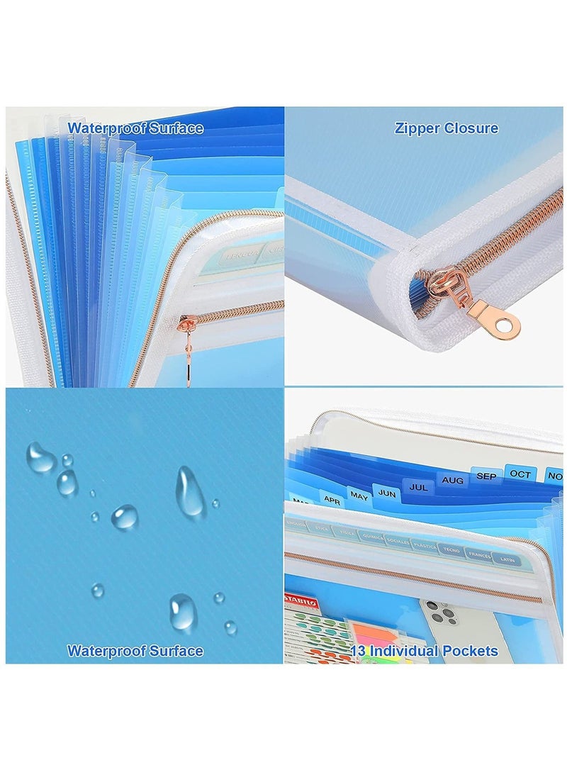 Y&D - Expanding File Folder with 13 Pocket, Zipper Closure Accordion Document Organizer ,Letter A4 Paper (Blue) - Image 1