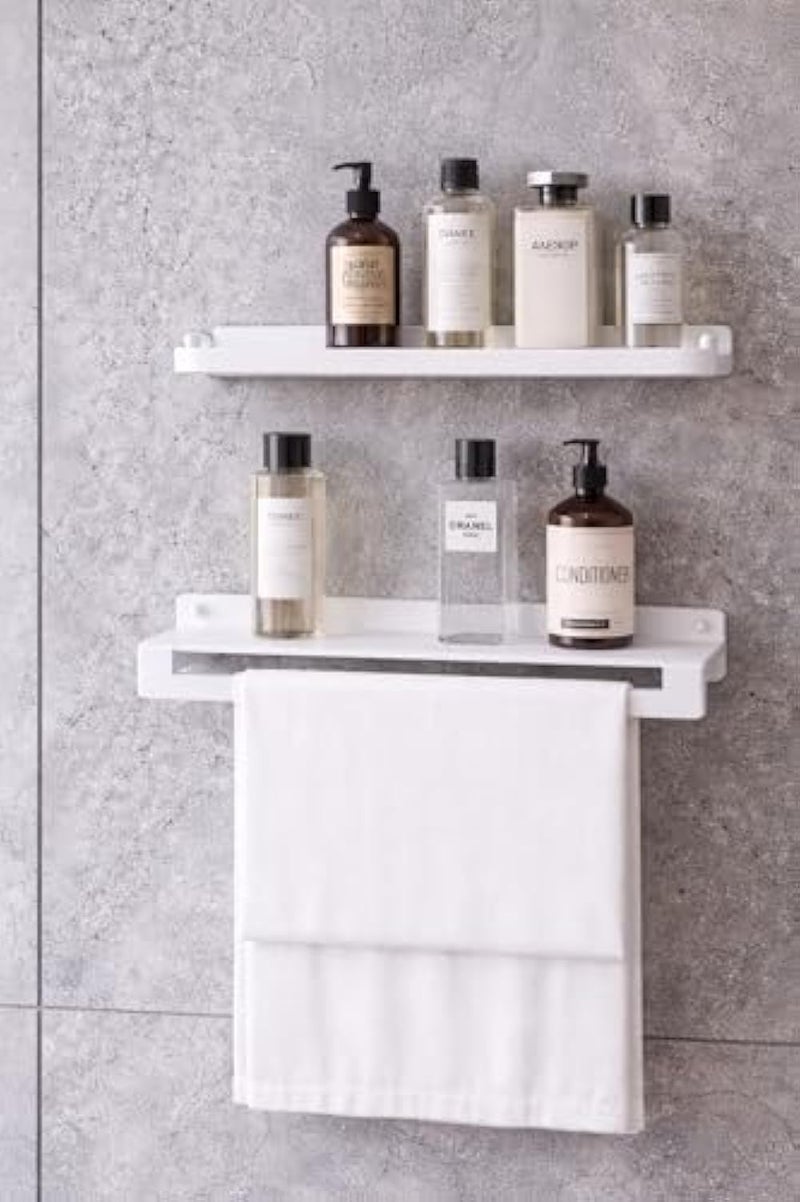 Wall Mounted Stainless Steel Shelf with Towel Holder – 2-Tier Bathroom & Kitchen Organizer Rack – 40 cm Storage Shelf with Hanging Bar – Space Saving Wall Shelf (Black/White) (White) - Image 1