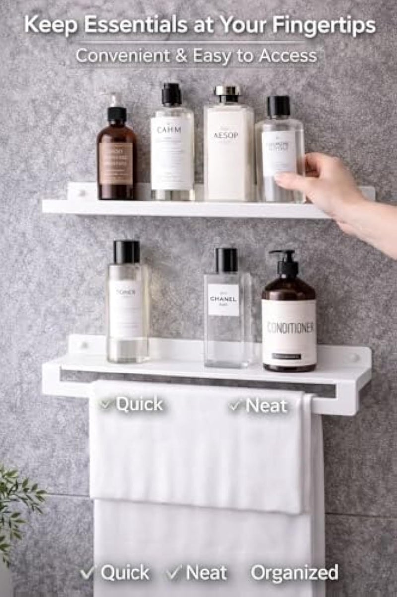 Wall Mounted Stainless Steel Shelf with Towel Holder – 2-Tier Bathroom & Kitchen Organizer Rack – 40 cm Storage Shelf with Hanging Bar – Space Saving Wall Shelf (Black/White) (White) - Image 5