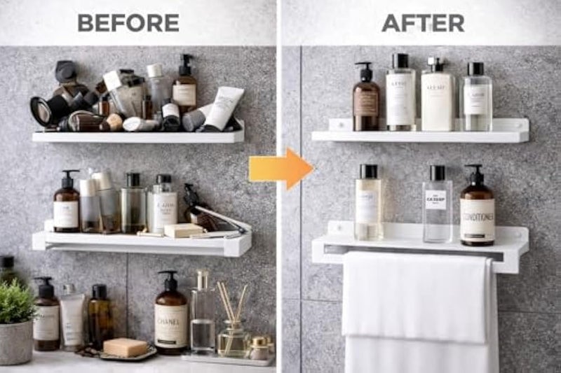 Wall Mounted Stainless Steel Shelf with Towel Holder – 2-Tier Bathroom & Kitchen Organizer Rack – 40 cm Storage Shelf with Hanging Bar – Space Saving Wall Shelf (Black/White) (White) - Image 2