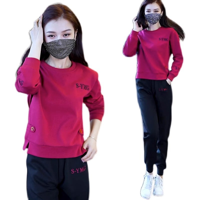 Sports suit Womens 2024 Spring and Autumn New Western Style Age-reducing Small Crewneck Sweatshirt Running Clothes Casual Two-piece Set Wine red