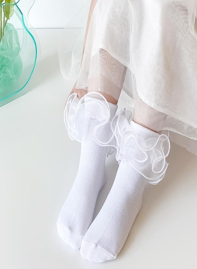 Mini angel Girls Ruffle Socks Double Lace Frilly Dress Socks Kids Turn Cuff Socks for Toddler Little Girls 2 Pack (White, XS) - Image 4