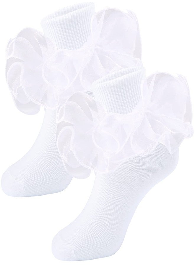 Mini angel Girls Ruffle Socks Double Lace Frilly Dress Socks Kids Turn Cuff Socks for Toddler Little Girls 2 Pack (White, XS) - Image 1