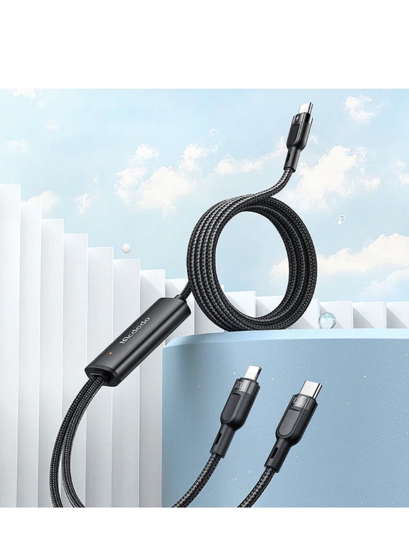 2 in 1 Cable , Type C to Type C & Lightning CA-878, PD Fast Charging up to 100W Support 5A/3A, Charge 2 Devices at the Same Time with LED Indicator - Robust Zinc Alloy and Nylon Braided Wire Design, Safe Long Data Transfers and Long-lasting Performance