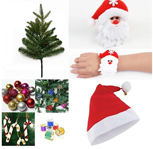 Khakee Khakee Combo of 1 FT 12 INCHES Christmas Tree TableDesktop with 10 pcs Christmas DecorationsAssorted 1 pc Santa Cap 1 pc Santa Wrist Band for Kids