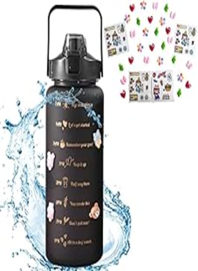 mfi home Bpa Free Sports Water Bottle, Water Bottle with Straw 2L, with Pins and Stickers, Water Bottle for Children with Motivating Time Marker, Gym Bottle Pack 1 Black Bottle