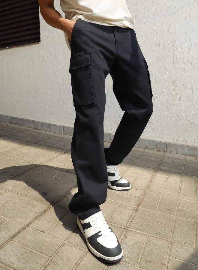 Hubberholme black Men's Navy Cotton Blend Solid Pattern Full Length Cargo Relaxed Trouser for Men | Best Price UAE