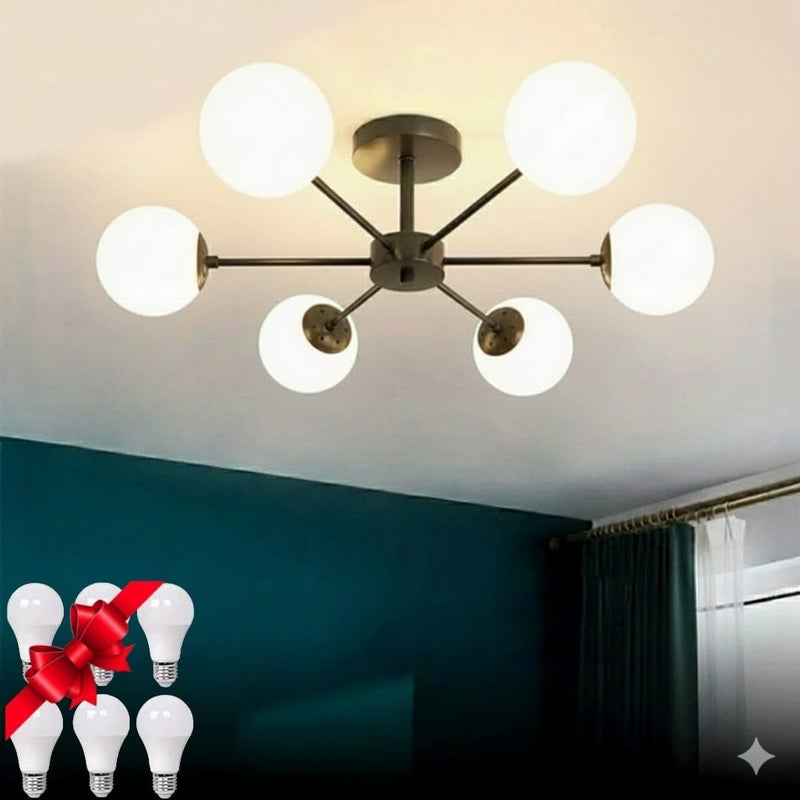 Modern Sputnik Ceiling Light, 6-Light Semi-Flush Mount, White Globe Shades, Bronze Finish, Gift LED 6 Bulbs.