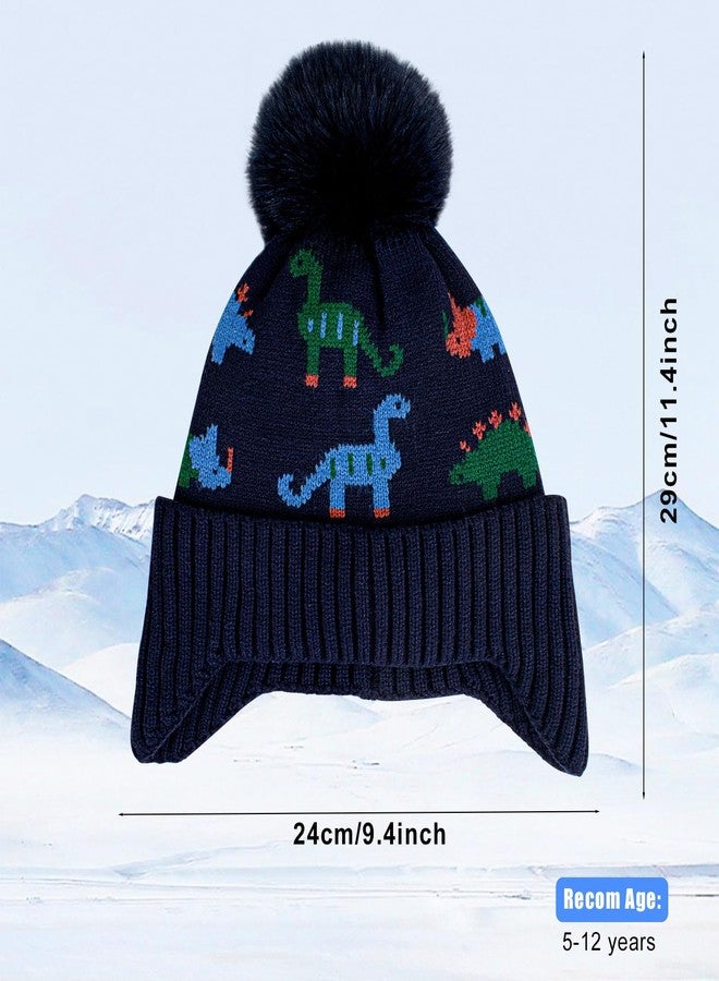 EDCYF Kids Winter Hat Boys Toddler Knitted Pom Beanie Hat Earflap Fleece Lining Ages 3-12 Dark Blue - Image 4