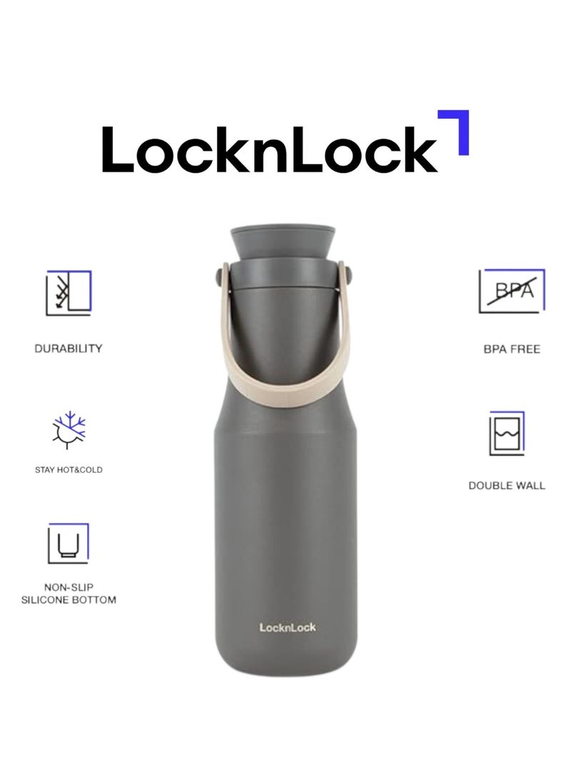 LOCK & LOCK LocknLock Stainless Steel Metro Double Tumbler 470ml – Stylish Grey Travel Mug with Handy Strap - Image 1