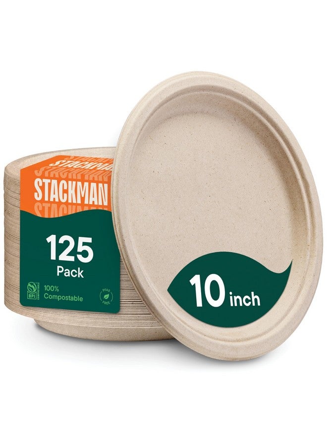 Stack Man Paper Plates, 100% Compostable Heavy Duty Disposable 10 Inch Plate - [125-Pack] - {PFAS-Free} - {BPI Certified} Eco-Friendly, Biodegradable Bagasse - Image 1