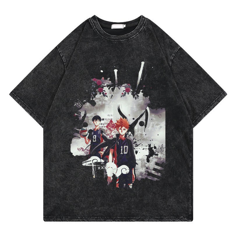 Casual Anime Retro Street Print Cartoon T Graphic Short Sleeve Teenager Washed Shirt Volleyball Cotton Hip Hop - Image 4