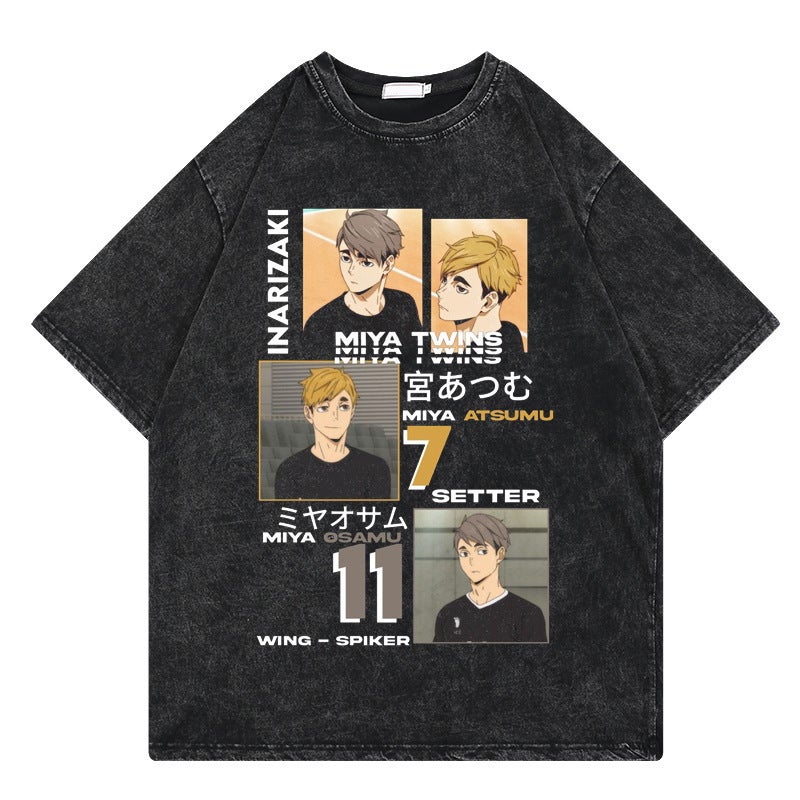 Casual Anime Retro Street Print Cartoon T Graphic Short Sleeve Teenager Washed Shirt Volleyball Cotton Hip Hop - Image 5
