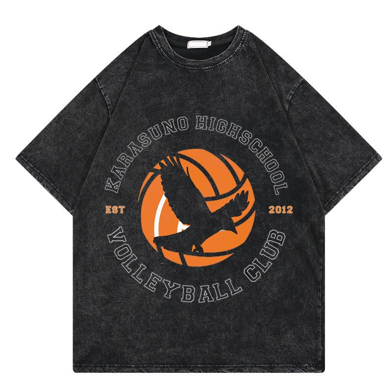 Casual Anime Retro Street Print Cartoon T Graphic Short Sleeve Teenager Washed Shirt Volleyball Cotton Hip Hop - Image 1