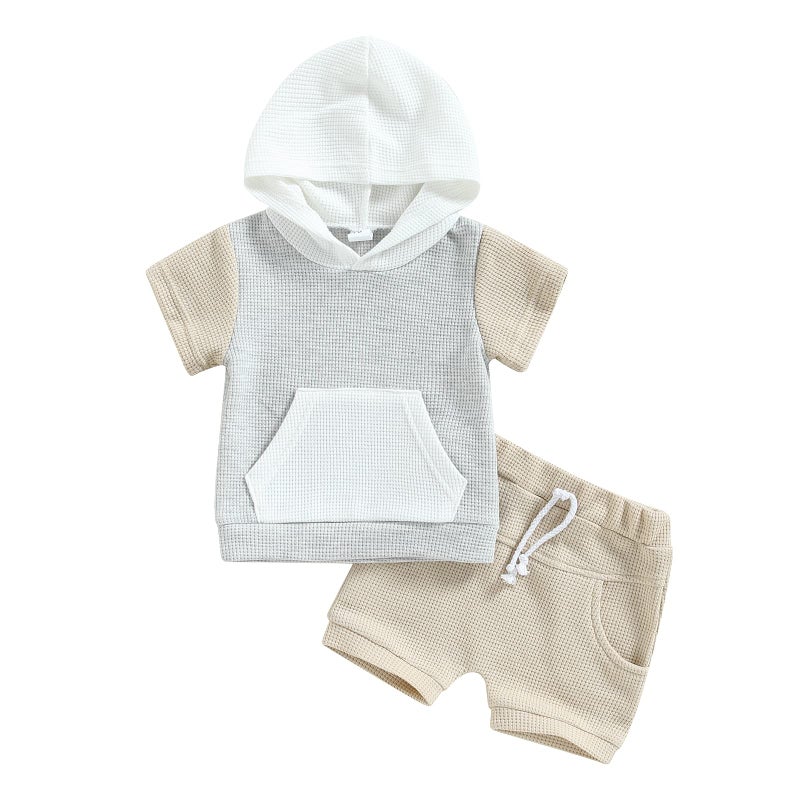Kayotuas Toddler Baby Boy Summer Clothes Short Sleeve Hooded Tshirt Top and Casual Shorts Set Infant 2 Piece Outfits Grey Waffle Knit 612 Months