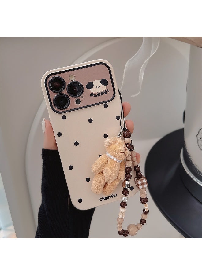 NIBEMINENT Simples Polka Dot Puppy Protective TPU Case Cover For iPhone 17 Pro Max, Black Polka Dot Dog With Bear Brown Bead Rope