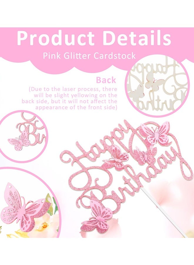 13 Pcs Pink Butterfly Cake Decorations 3D Pink Happy Birthday Cake Topper Birthday Cakes Toppers Butterfly Cupcake Topper for Girls Women Butterflies for Party Wedding Cakes Decor - Image 3