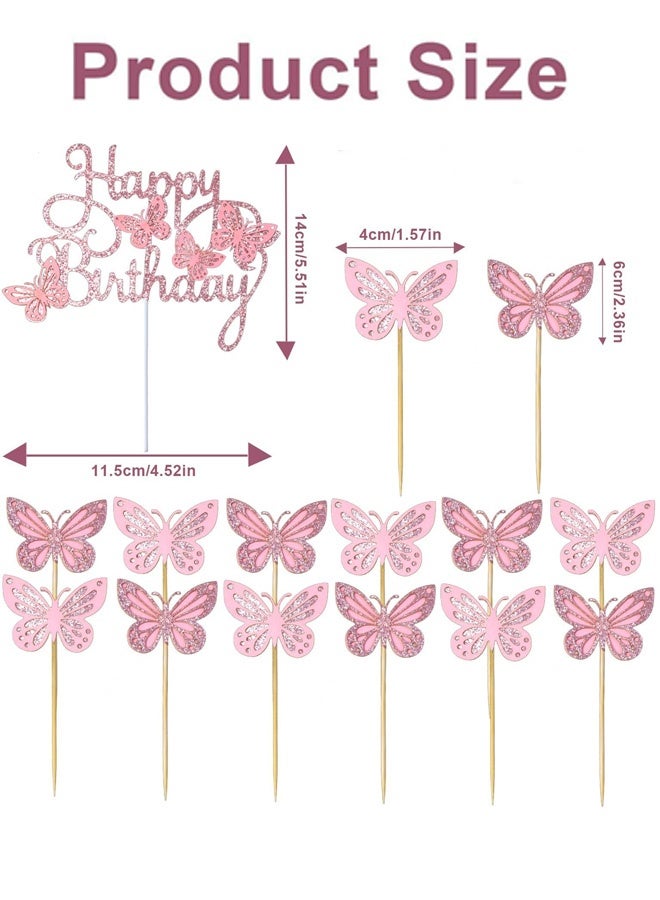 13 Pcs Pink Butterfly Cake Decorations 3D Pink Happy Birthday Cake Topper Birthday Cakes Toppers Butterfly Cupcake Topper for Girls Women Butterflies for Party Wedding Cakes Decor - Image 2