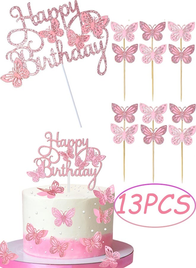 13 Pcs Pink Butterfly Cake Decorations 3D Pink Happy Birthday Cake Topper Birthday Cakes Toppers Butterfly Cupcake Topper for Girls Women Butterflies for Party Wedding Cakes Decor - Image 1