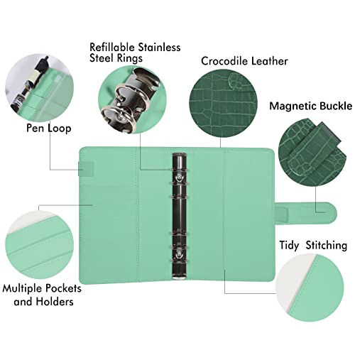 eleger A6 6 Ring Budget Binder - Crocodile Pattern Leather Notebook Binder, Small Refillable Planner Cover with Magnetic Buckle, Green - Image 2
