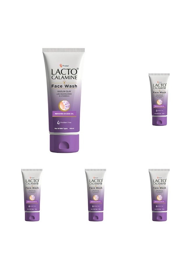 Lacto Calamine Face Wash For Oily Skin |100ml | Kaolin Clay, Niacinamide & Vitamin E | Facewash Reduces Excess Oil, Controls Pimples, Blackheads & Whiteheads | Face wash For Women & Men (Pack of 5) - Image 1