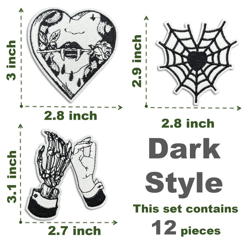 Cazzon Dark Embroidered Applique Iron On Patches for Backpacks, Rock Band Patches for Jackets, Cool Sew Patch for Clothing, Jeans, Hats, DIY Accessories (Dark12 12 Pcs) - Image 2