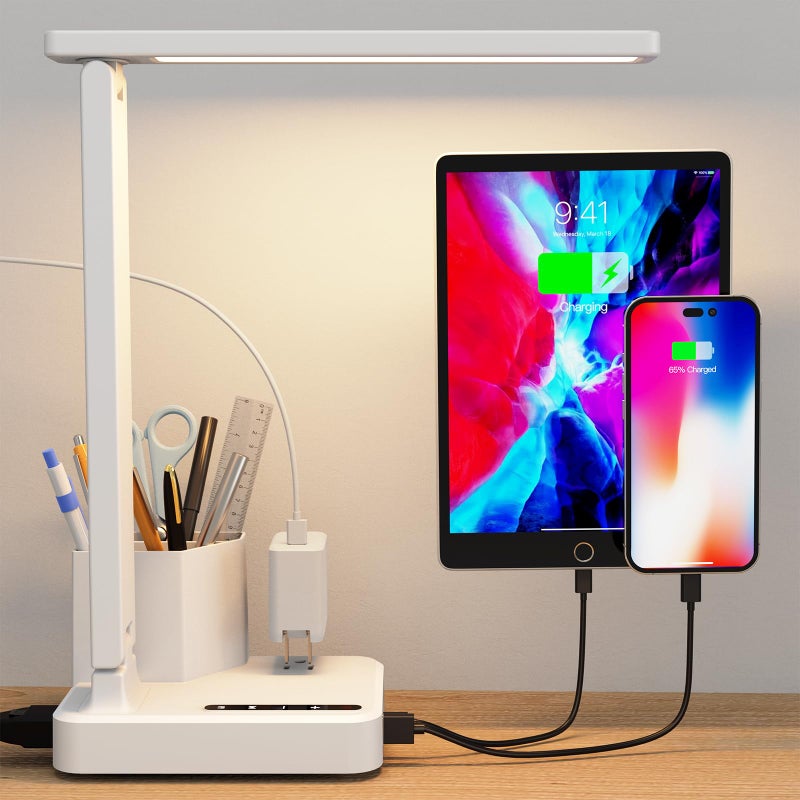 COZOO LED Desk Lamp with 2 USB Charging Ports,Type C Port,1 AC Outlet,2 Pen Holders,3 Color Temperature 3 Brightness Level,Touch/Memory/Timer,10W Eye Protection Foldable Reading Light,Study Lamp-White - Image 1
