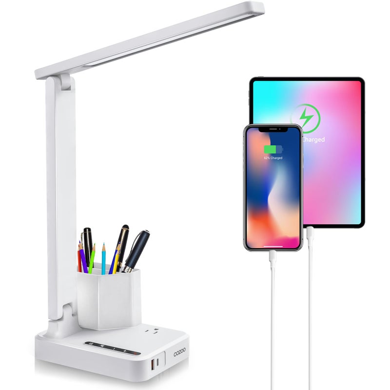 COZOO LED Desk Lamp with 2 USB Charging Ports,Type C Port,1 AC Outlet,2 Pen Holders,3 Color Temperature 3 Brightness Level,Touch/Memory/Timer,10W Eye Protection Foldable Reading Light,Study Lamp-White - Image 2