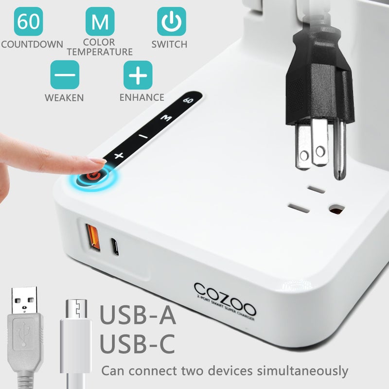 COZOO LED Desk Lamp with 2 USB Charging Ports,Type C Port,1 AC Outlet,2 Pen Holders,3 Color Temperature 3 Brightness Level,Touch/Memory/Timer,10W Eye Protection Foldable Reading Light,Study Lamp-White - Image 3