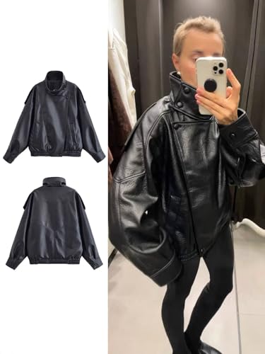 Molilove Women's Leather Jacket Casual Fall Zip Up Jacket Racer Varsity Jackets Biker Motor Coat Outwear - Image 5