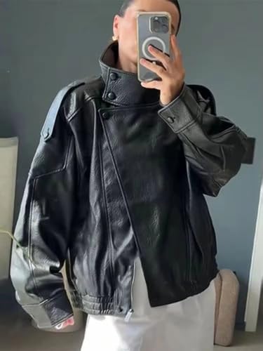 Molilove Women's Leather Jacket Casual Fall Zip Up Jacket Racer Varsity Jackets Biker Motor Coat Outwear - Image 2