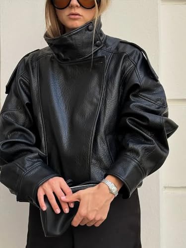 Molilove Women's Leather Jacket Casual Fall Zip Up Jacket Racer Varsity Jackets Biker Motor Coat Outwear - Image 3