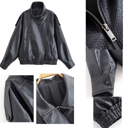 Molilove Women's Leather Jacket Casual Fall Zip Up Jacket Racer Varsity Jackets Biker Motor Coat Outwear - Image 4