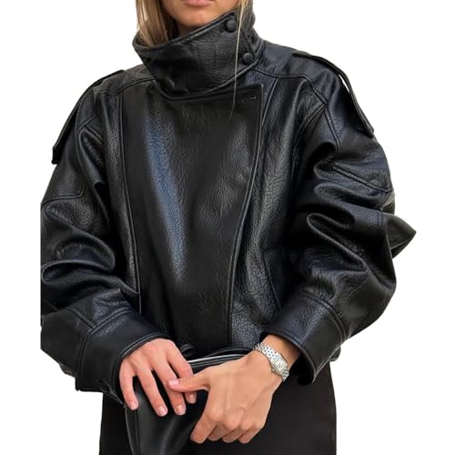Molilove Women's Leather Jacket Casual Fall Zip Up Jacket Racer Varsity Jackets Biker Motor Coat Outwear - Image 1