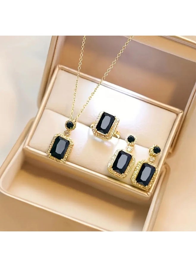 Julia Store Princess Style Rhinestone Zircon Simulated Emerald-Cut Pendant Earrings Ring Necklace for Women Square Cubic Zirconia Aesthetic 18K Gold Plated Stainless Steel Jewelry Set of 3 - Black - Image 5