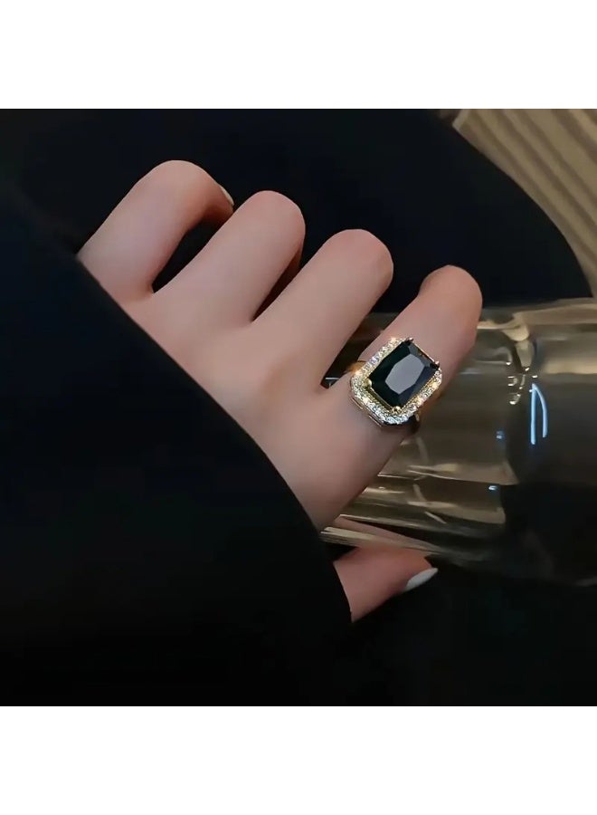 Julia Store Princess Style Rhinestone Zircon Simulated Emerald-Cut Pendant Earrings Ring Necklace for Women Square Cubic Zirconia Aesthetic 18K Gold Plated Stainless Steel Jewelry Set of 3 - Black - Image 4