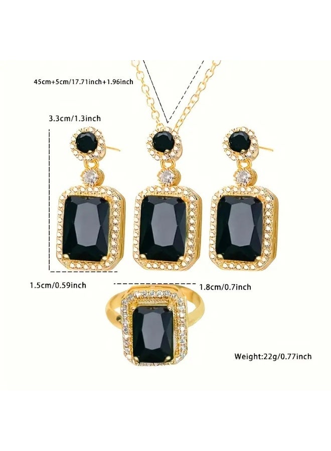 Julia Store Princess Style Rhinestone Zircon Simulated Emerald-Cut Pendant Earrings Ring Necklace for Women Square Cubic Zirconia Aesthetic 18K Gold Plated Stainless Steel Jewelry Set of 3 - Black - Image 2