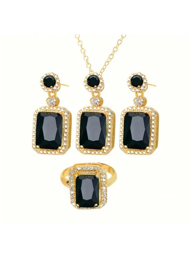 Julia Store Princess Style Rhinestone Zircon Simulated Emerald-Cut Pendant Earrings Ring Necklace for Women Square Cubic Zirconia Aesthetic 18K Gold Plated Stainless Steel Jewelry Set of 3 - Black - Image 1