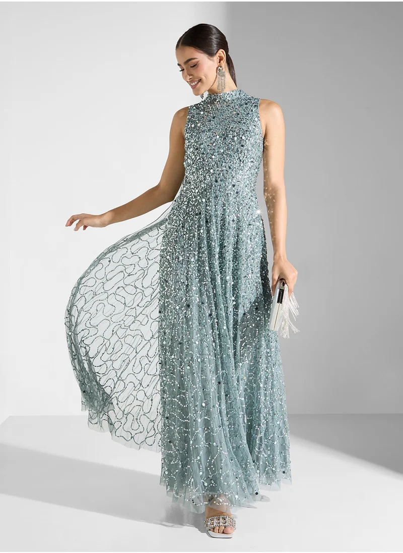 مايا High Neck All Over Embellished Maxi Dress With Cape