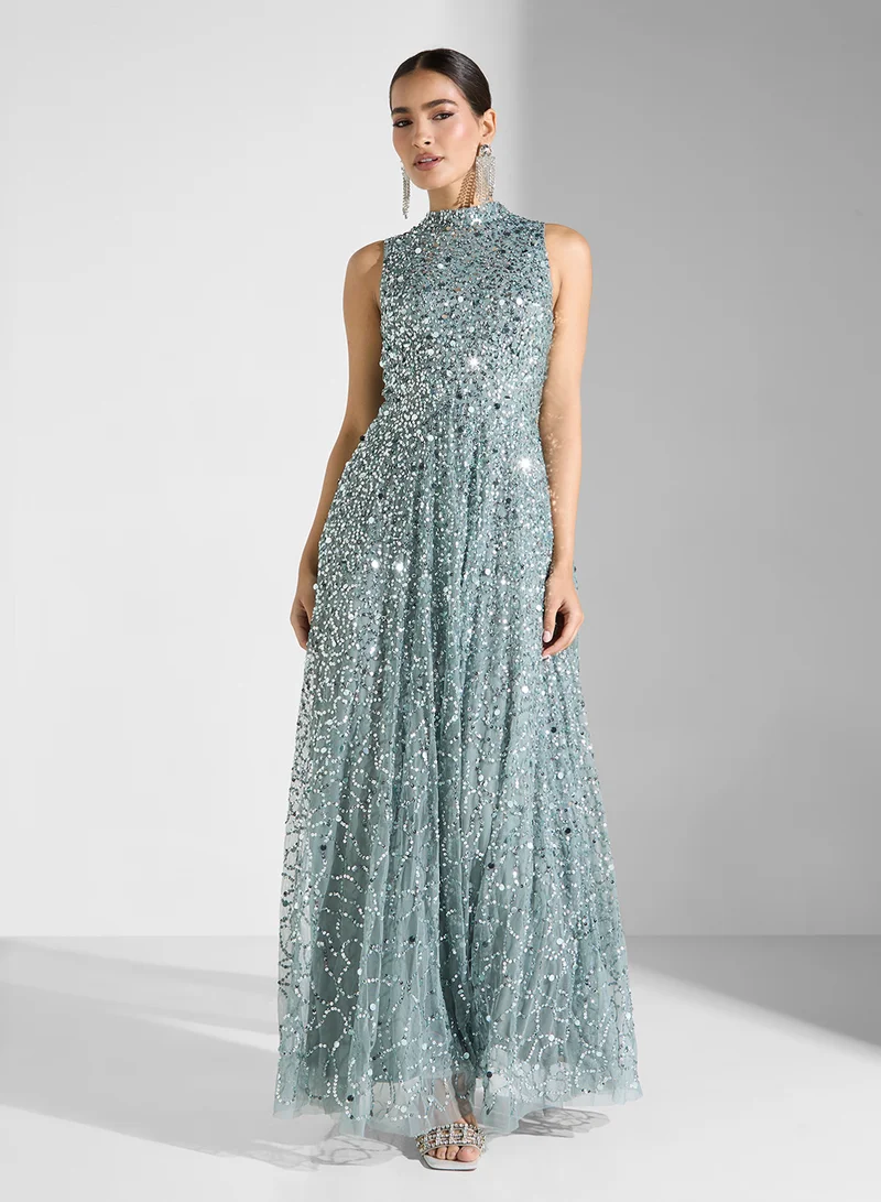 Maya High Neck All Over Embellished Maxi Dress With Cape