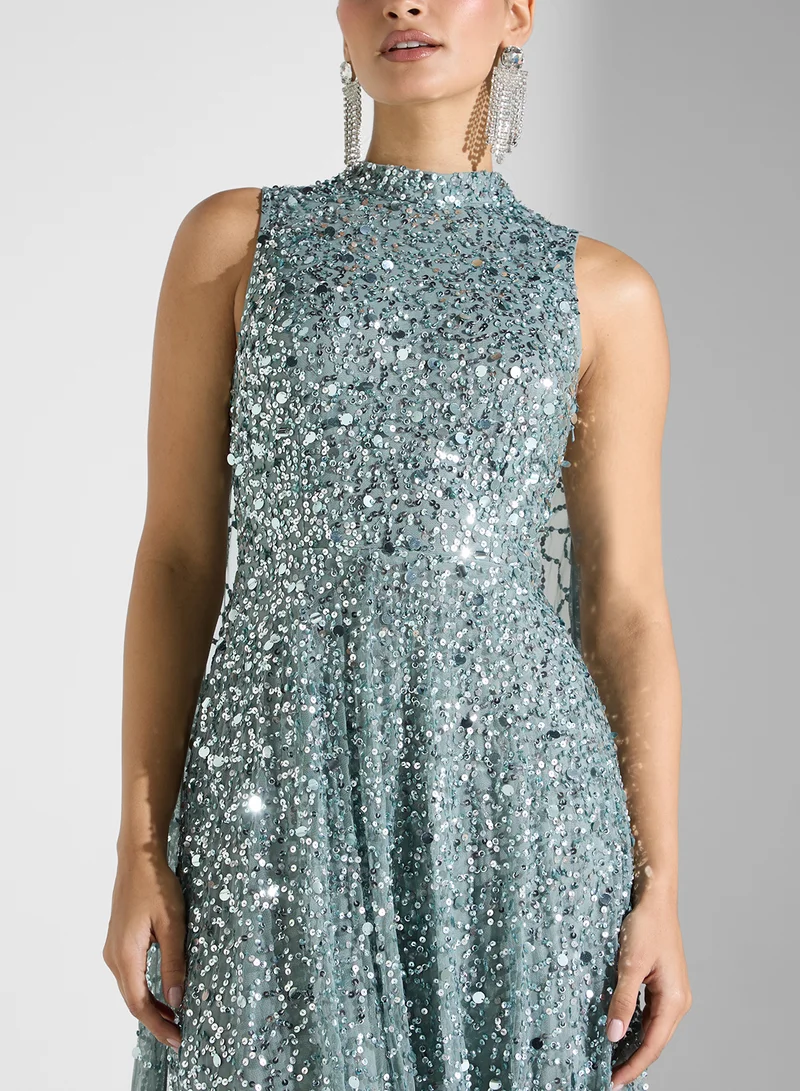 Maya High Neck All Over Embellished Maxi Dress With Cape