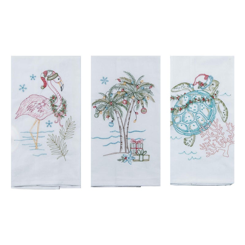 Kay Dee Designs Coastal Holiday Embroidered Flour Sack Towels  Flamingo Palm Tree and Sea Turtle  Set of 3 Designs