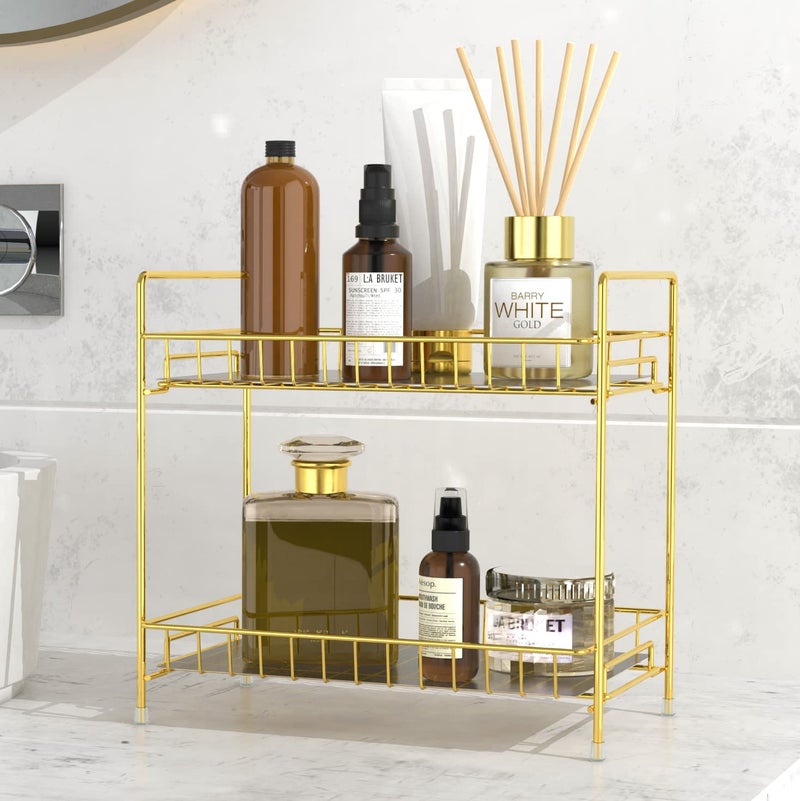 NLBTW 2 Tier Bathroom Organizer Countertop with Transparent Liner Perfume Organizers Vanity Tray Makeup Shelf and Storage or Kitchen Spice Rack Corner Countertop Shelf Cosmetic Holder Gold