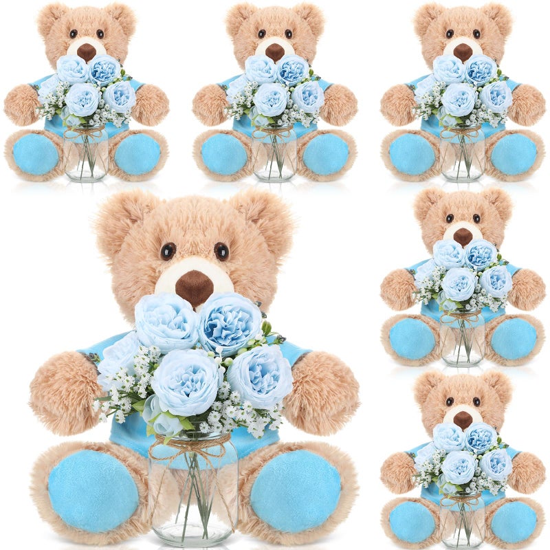 Ferrochef Blue 6 Set Baby Shower Bear Centerpieces for Tables Mason-Style Glass Jars with Artificial Peonies and Baby's Breath Rustic Table Decor for Gender Reveal Party Wedding - Image 1