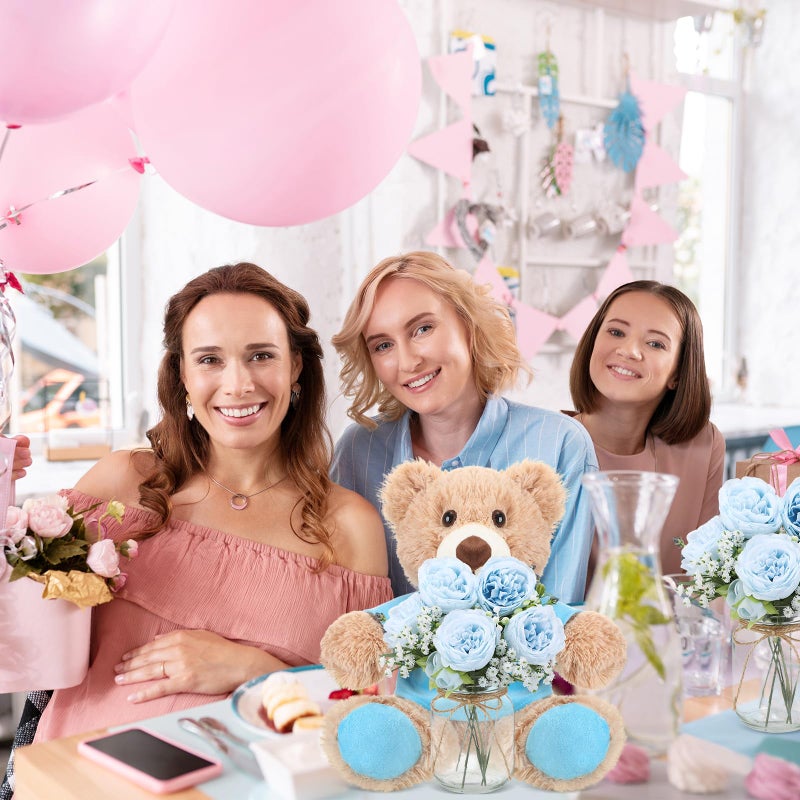 Ferrochef Blue 6 Set Baby Shower Bear Centerpieces for Tables Mason-Style Glass Jars with Artificial Peonies and Baby's Breath Rustic Table Decor for Gender Reveal Party Wedding - Image 5